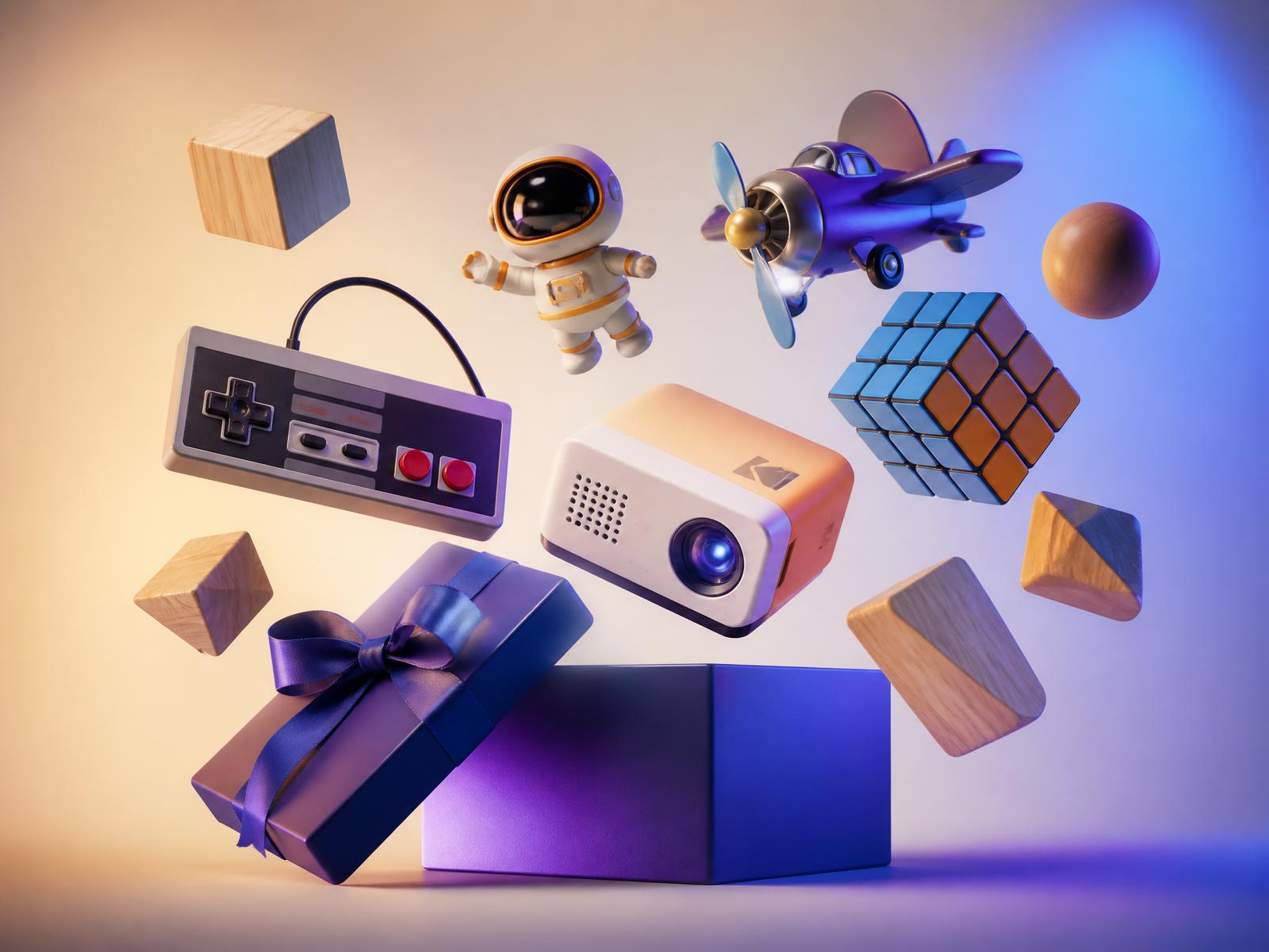 Toys, a game controller, a mini projector and a gift box floating together
